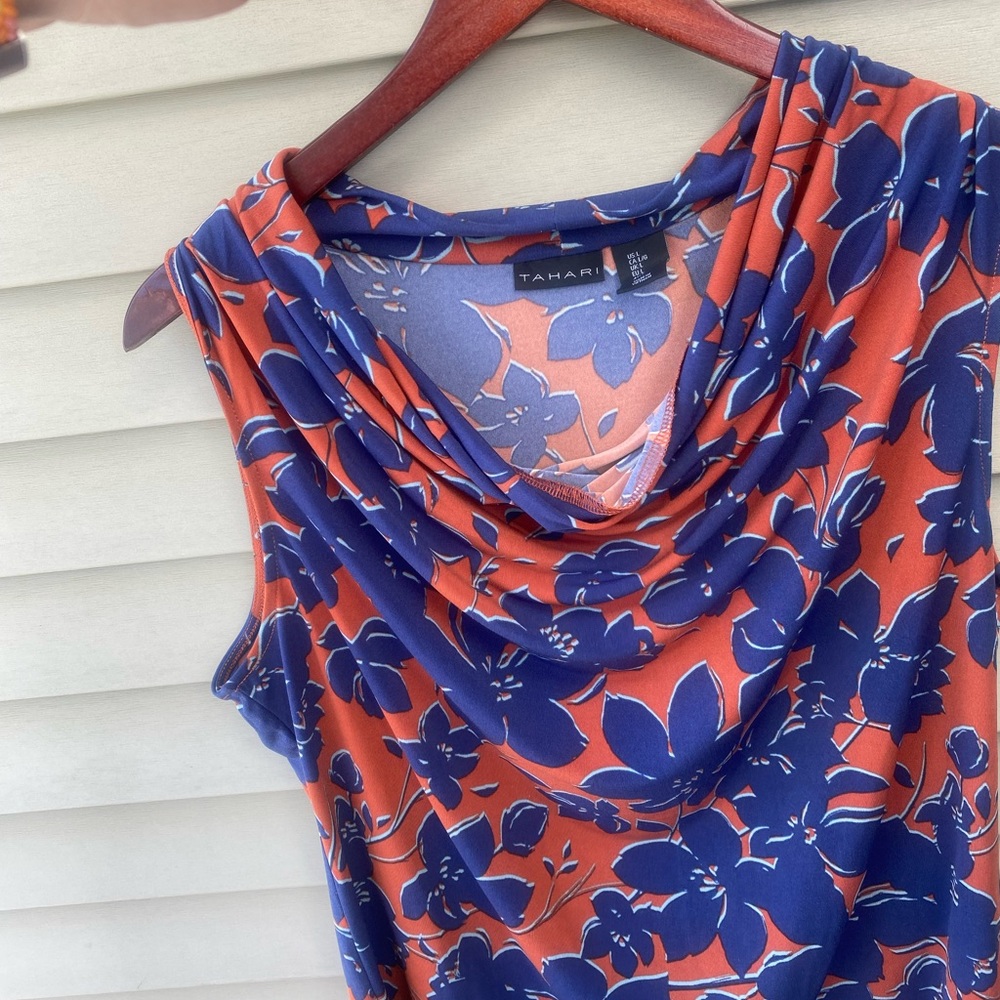 Tahari Draped Sleeveless Blouse in Blue and Orange - Picture 8 of 9